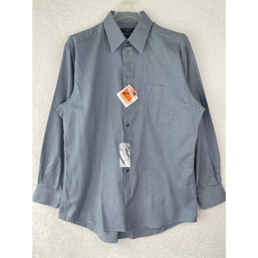 Dockers Mens Navy Button Down Shirt Blue Stain Defender 15.5 32/33 Medium